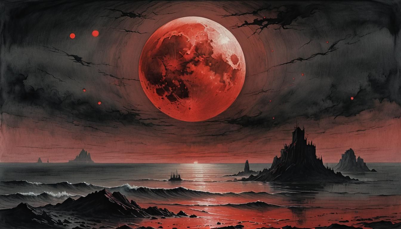 Bloody Moon Over Sinister Ocean, Dark Charcoal Art