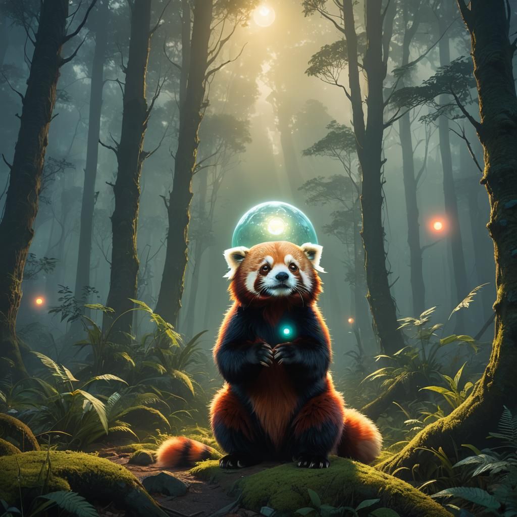 Red Panda and Glowing Orb in Mystical Forest