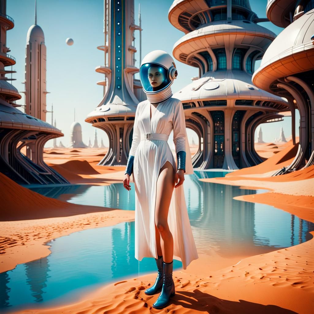 Retro Sci-Fi Scene with Woman on Alien Planet