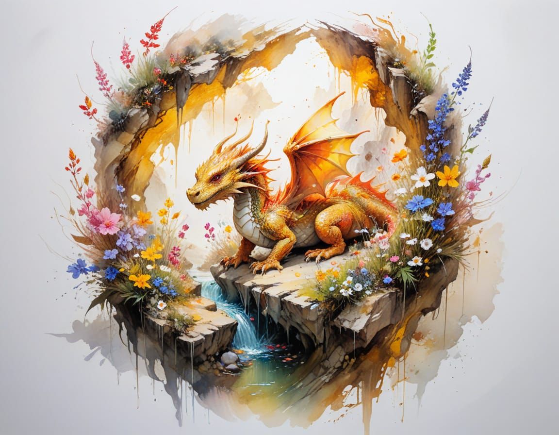 Playful Dragon Hatching in Sunlit Golden Cave