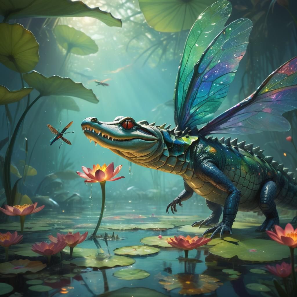 Bioluminescent Swamp Alligator with Dragonfly Wings