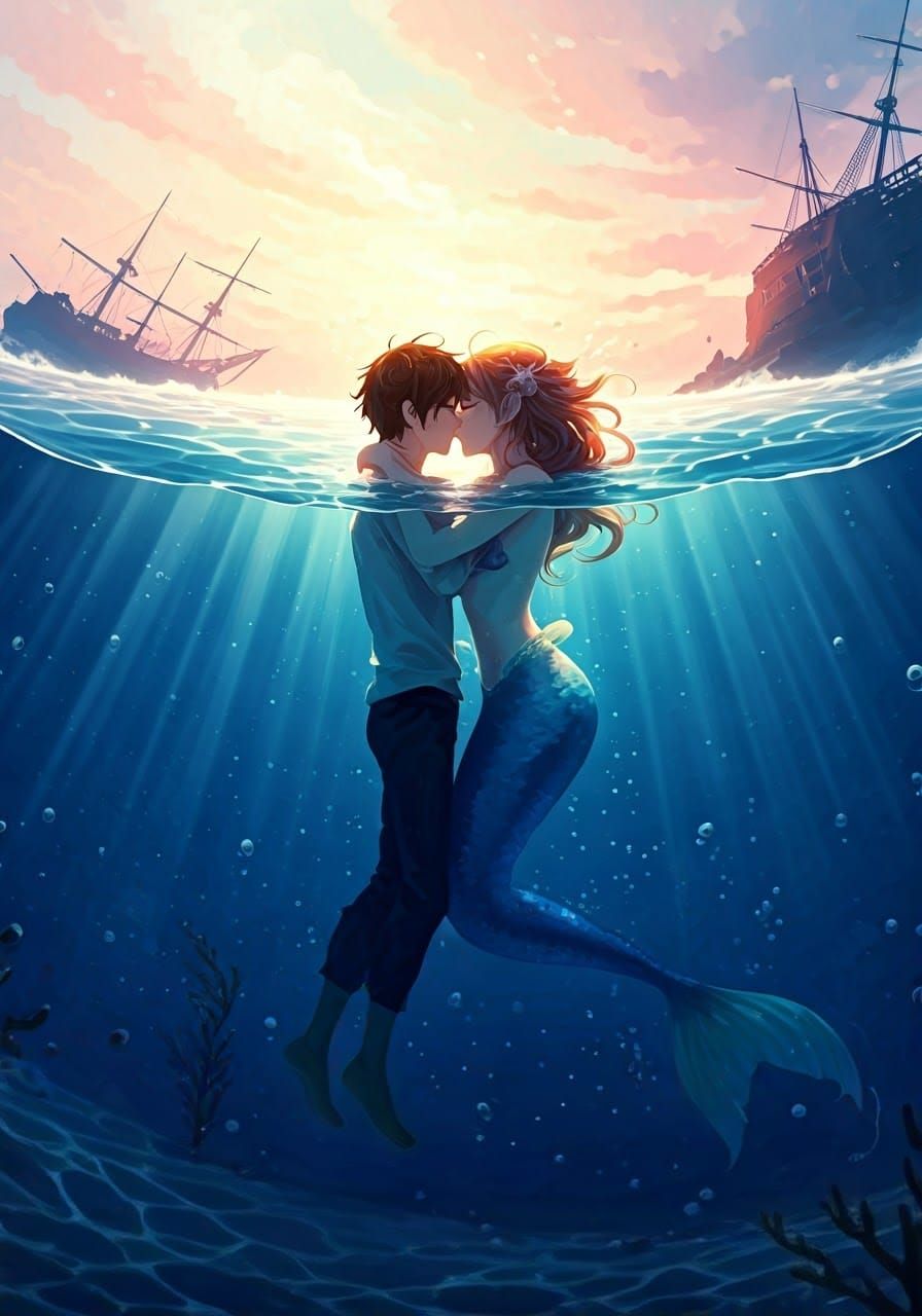 Anime Mermaid Kissing Human Above Sunken Ship