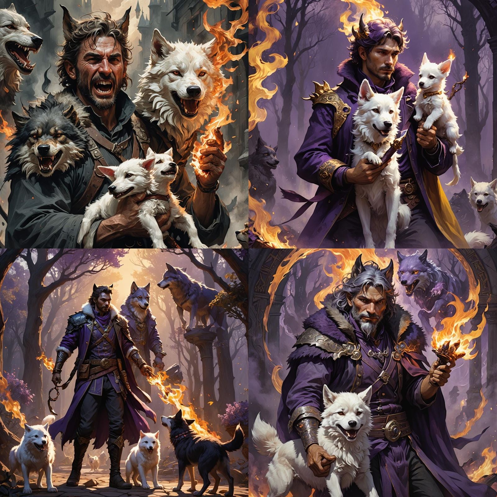 Wolf-Human with Fire and Puppy: Dark Fantasy Art