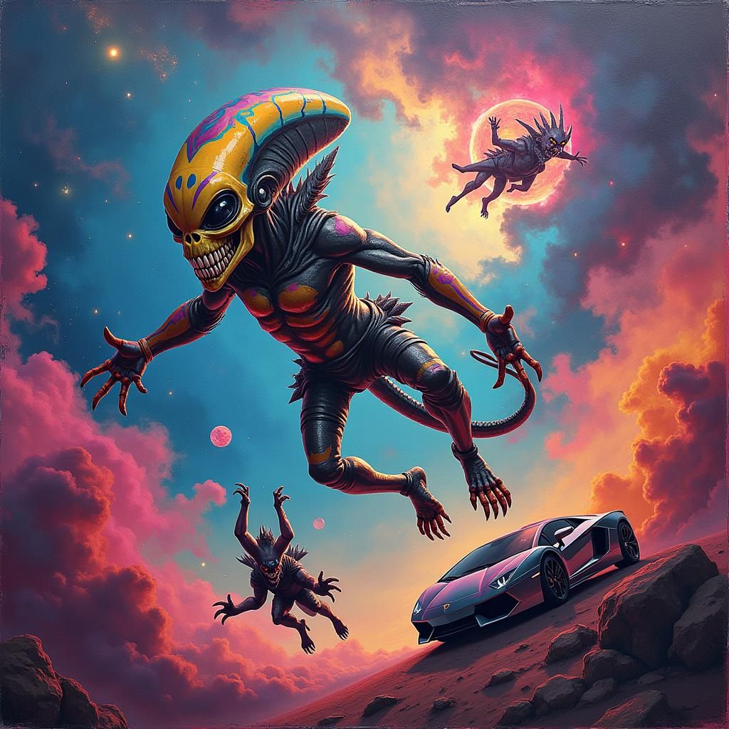 Alien, Demon, and Lamborghini in Space: Digital Art