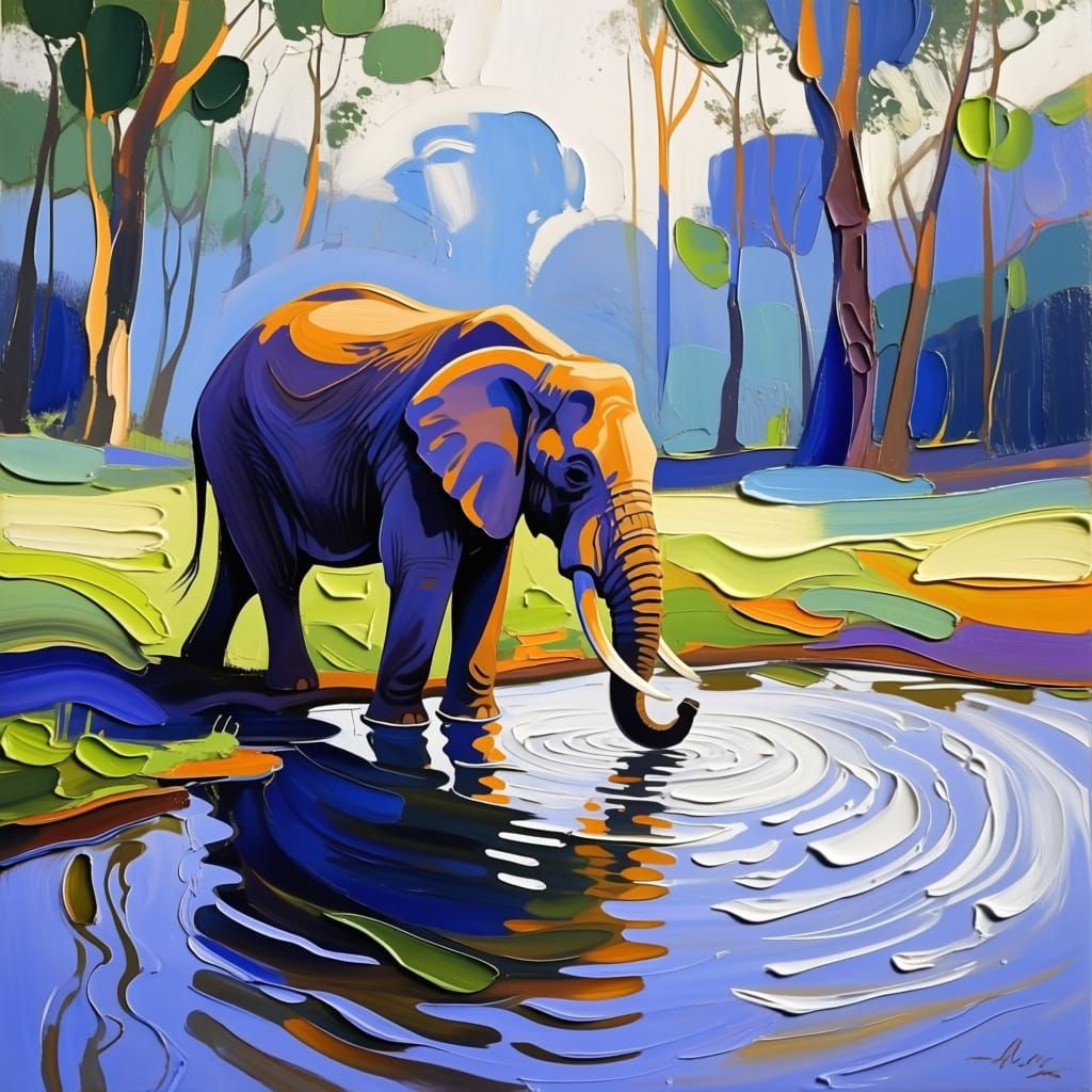Richly textured somewhat impasto oil painting of an elephant...