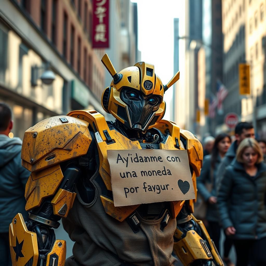 Bumblebee Robot as a Beggar in Hyperrealistic Style