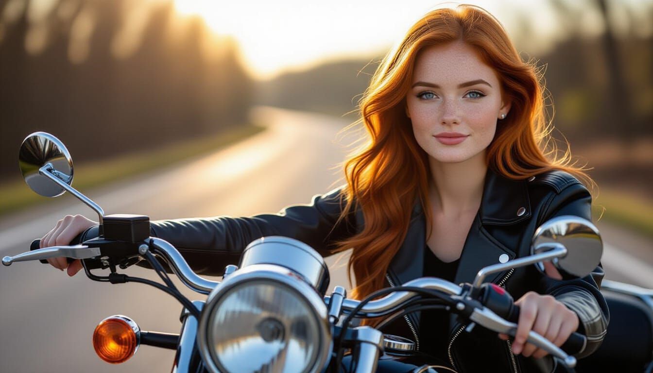 Redhead Woman Rides Motorcycle with Sidecar