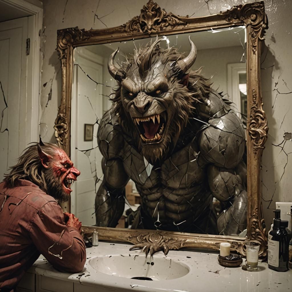 Despairing Beast and Laughing Reflection in Broken Mirror