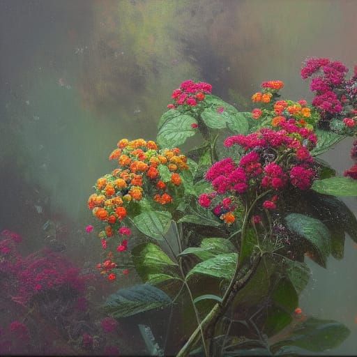 Lantana Flowers in Garden, Oil Painting Style