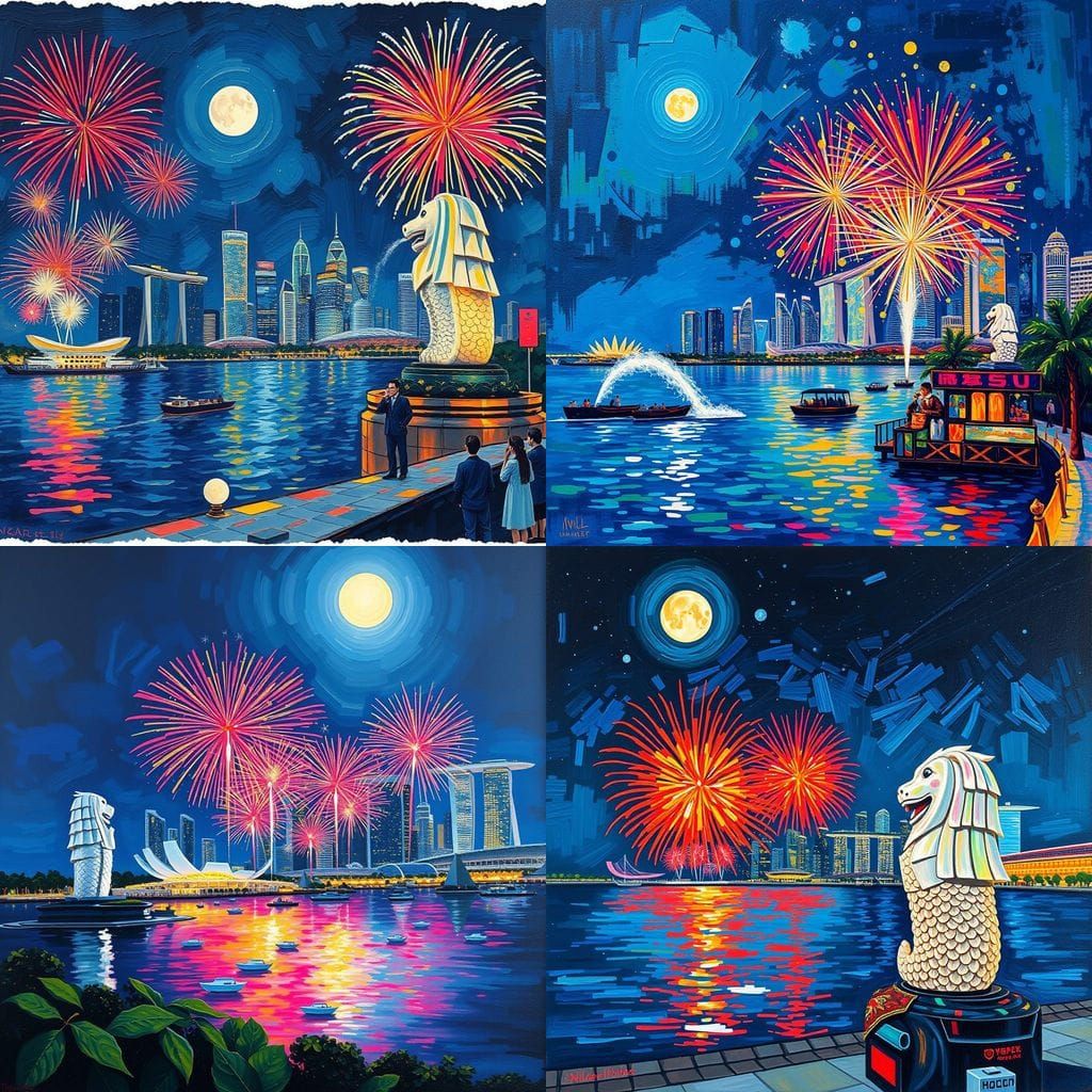 Singapore Fireworks Over Marina Bay in Neo-Impressionist Sty...