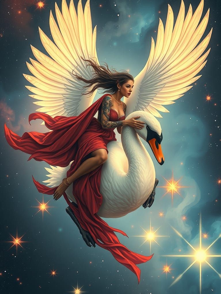 Mystical Woman Rides Swan Through Cosmic Void