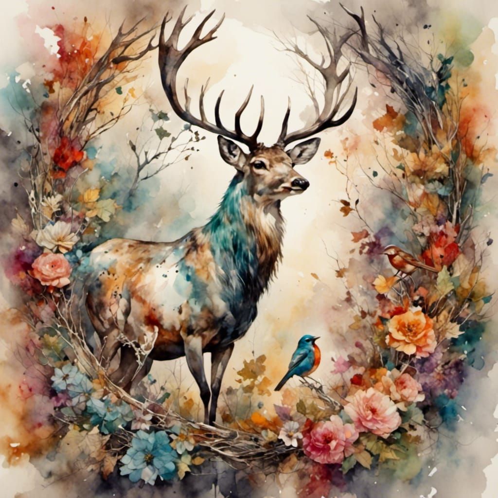 Songbird with Antlers in Antique Watercolor Style