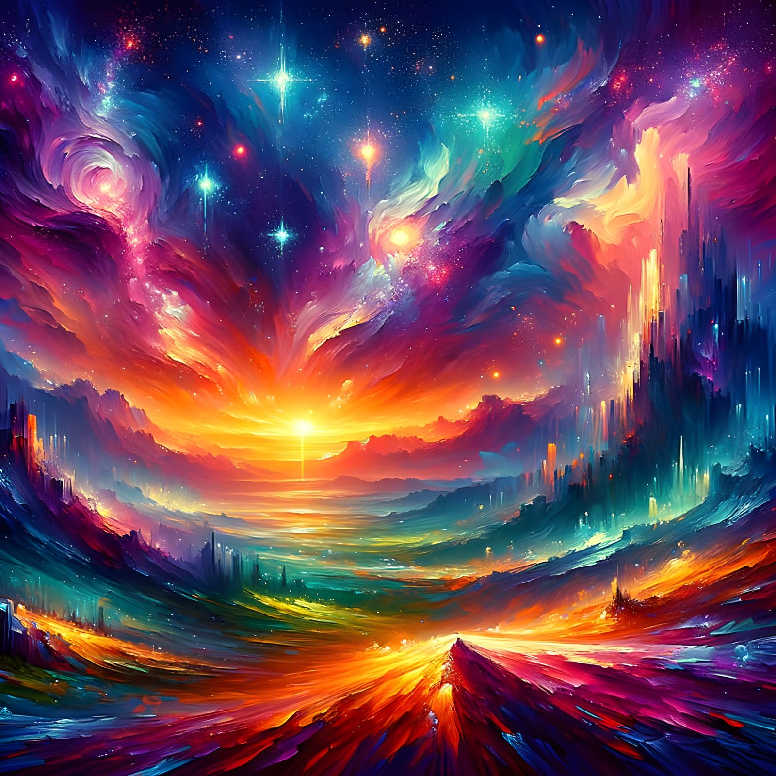 Surreal Neo-Impressionist Landscape with Crystal Stars and D...