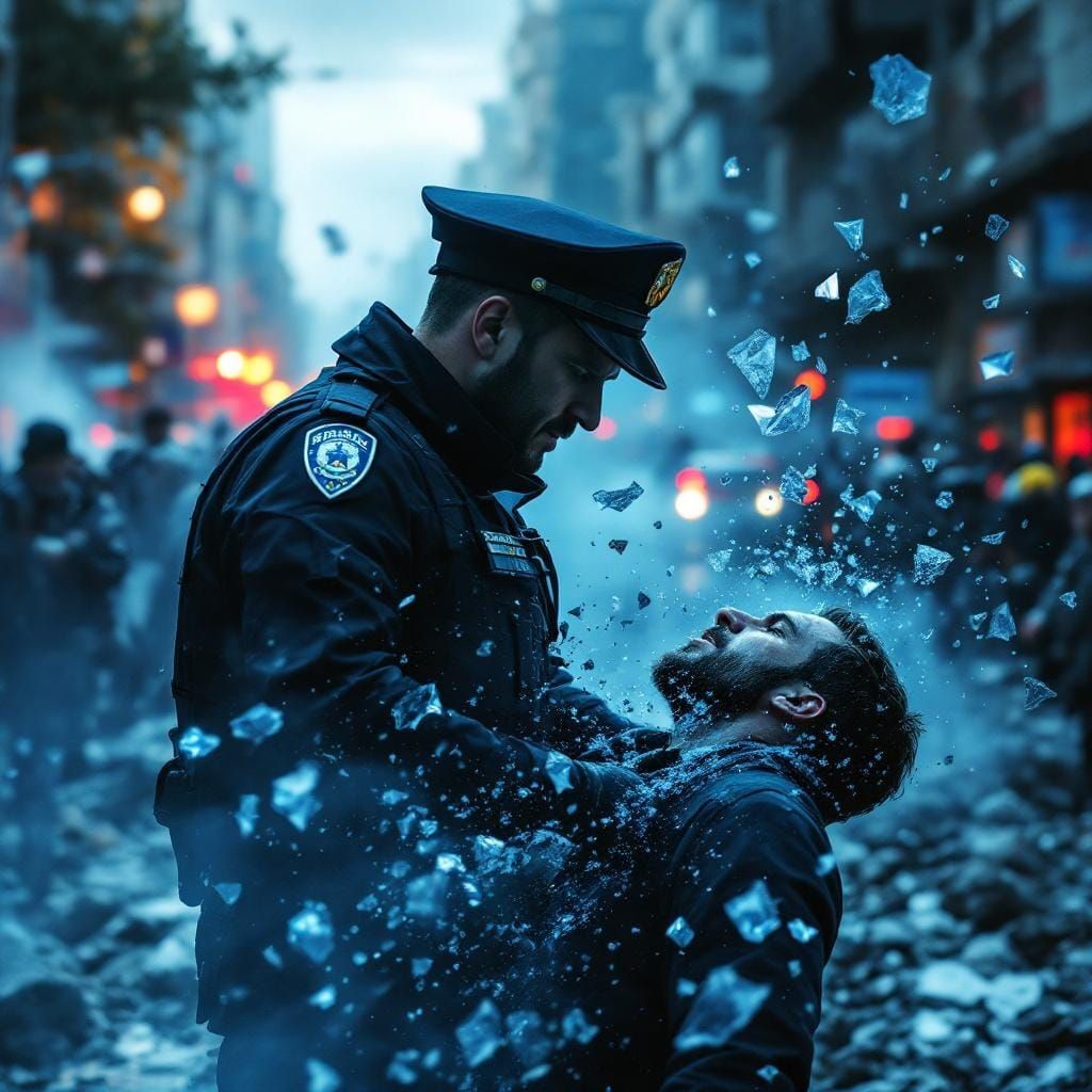 Policeman Helping Injured Man During Earthquake