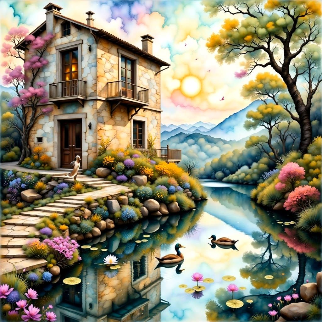 Ethereal Stone Villa in Soft Watercolor Hues