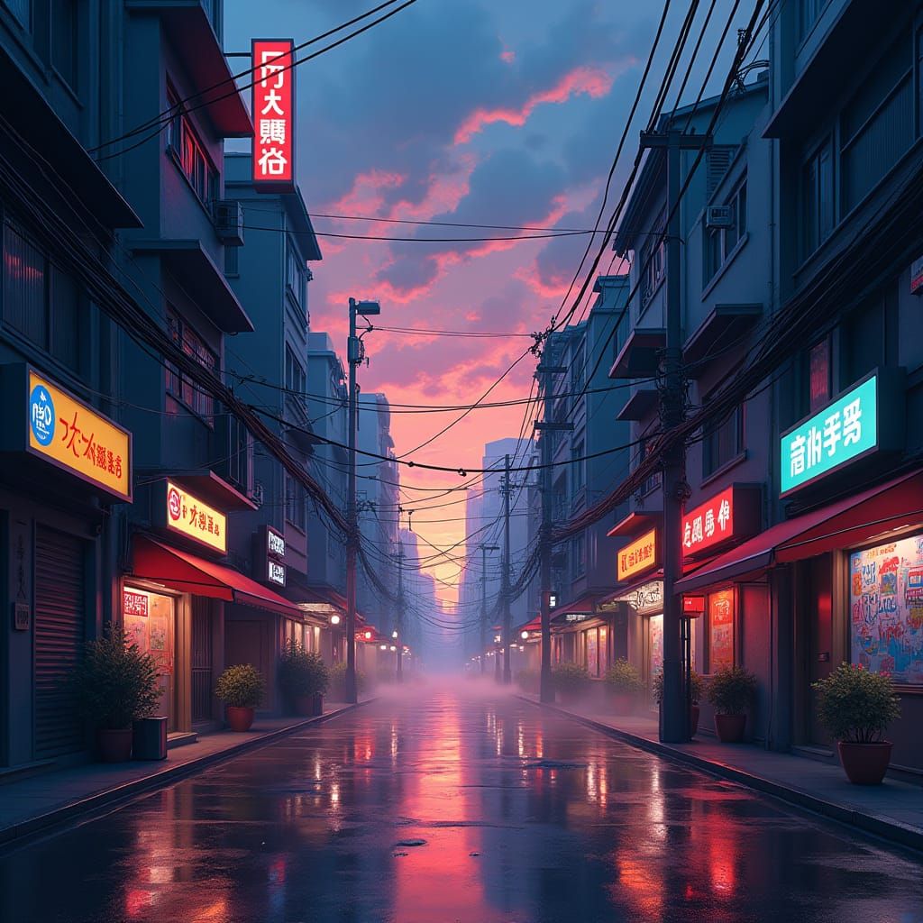 Neon Cityscape at Dusk in Anime Style