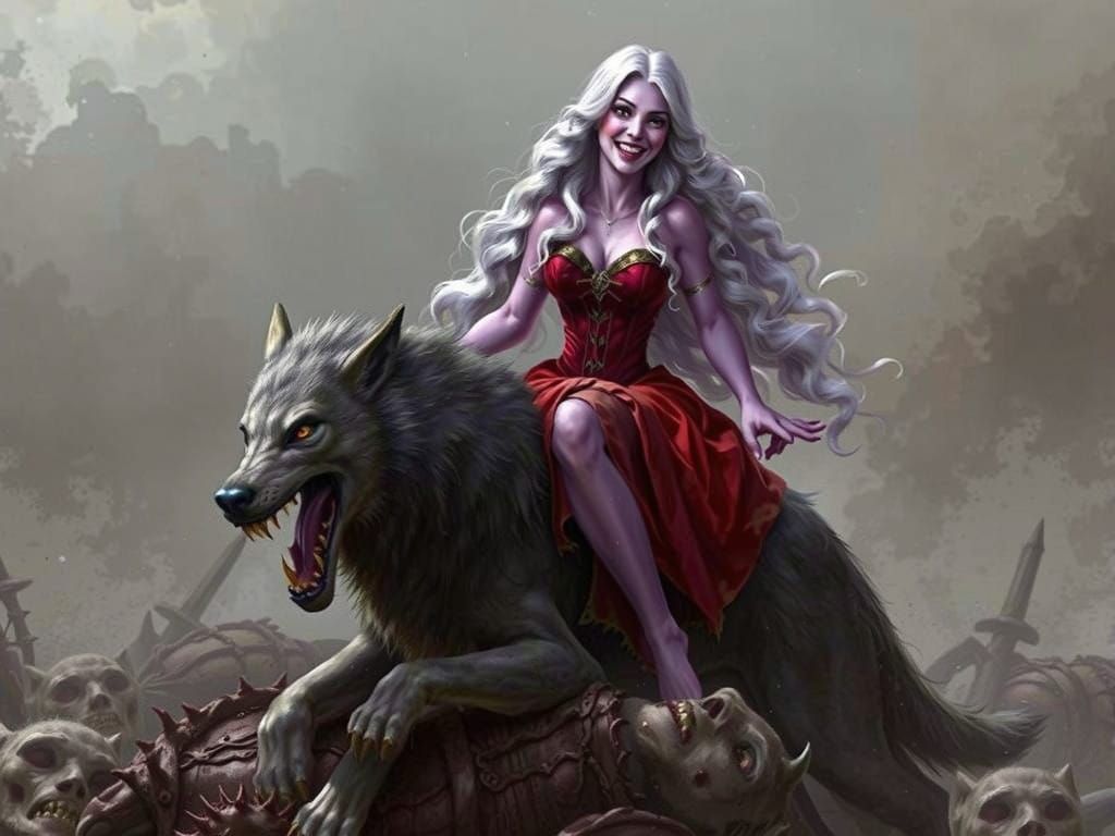 Cyberpunk Warrior Goddess Rides Dire Wolf Over Fallen Elves