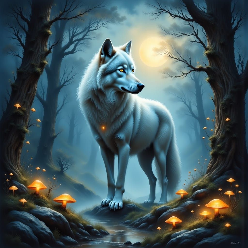 Mystical Wolf Spirit in Moonlit Forest
