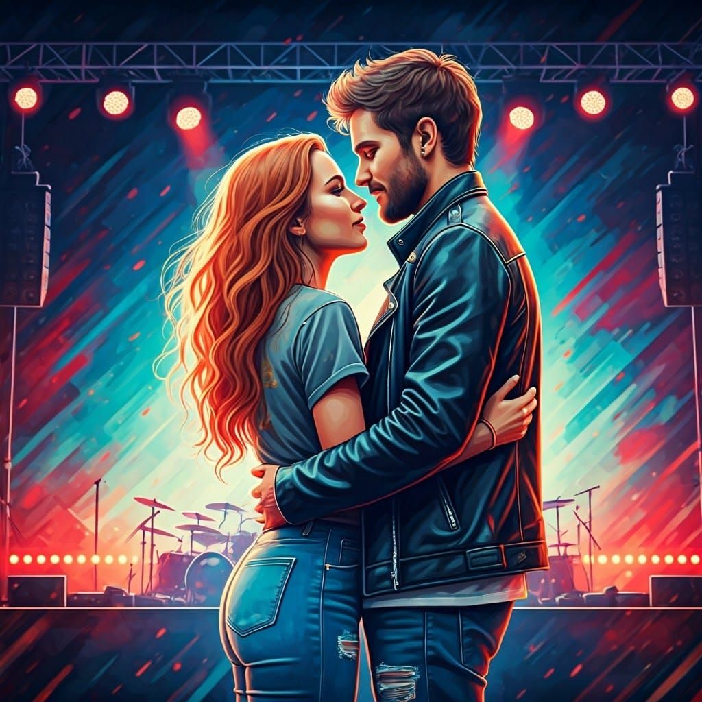 Couple's Loving Embrace at Rock Concert in Splash Art Style