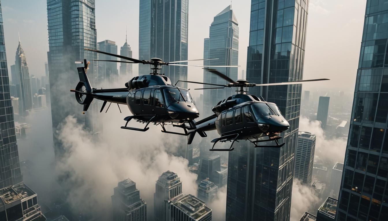 Futuristic Helicopter Soaring Through Skyscrapers