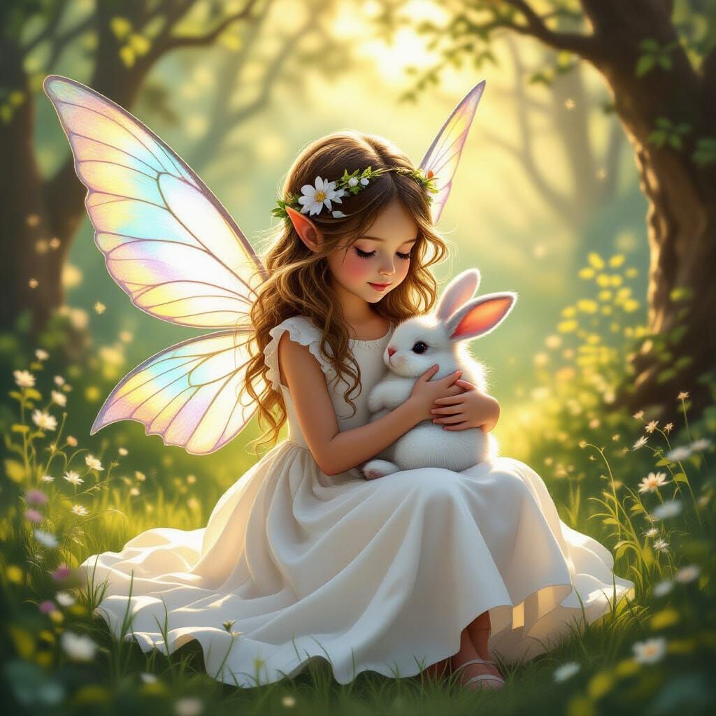 Fairy Girl with Bunny in Enchanted Forest