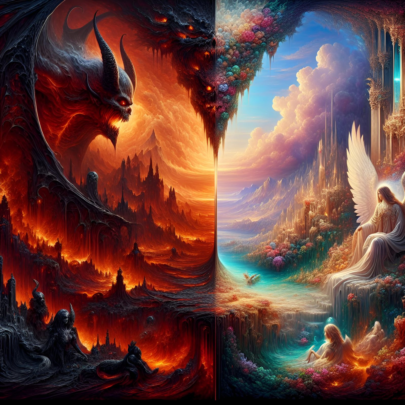 Heaven and Hell Split Image in Fantasy Style