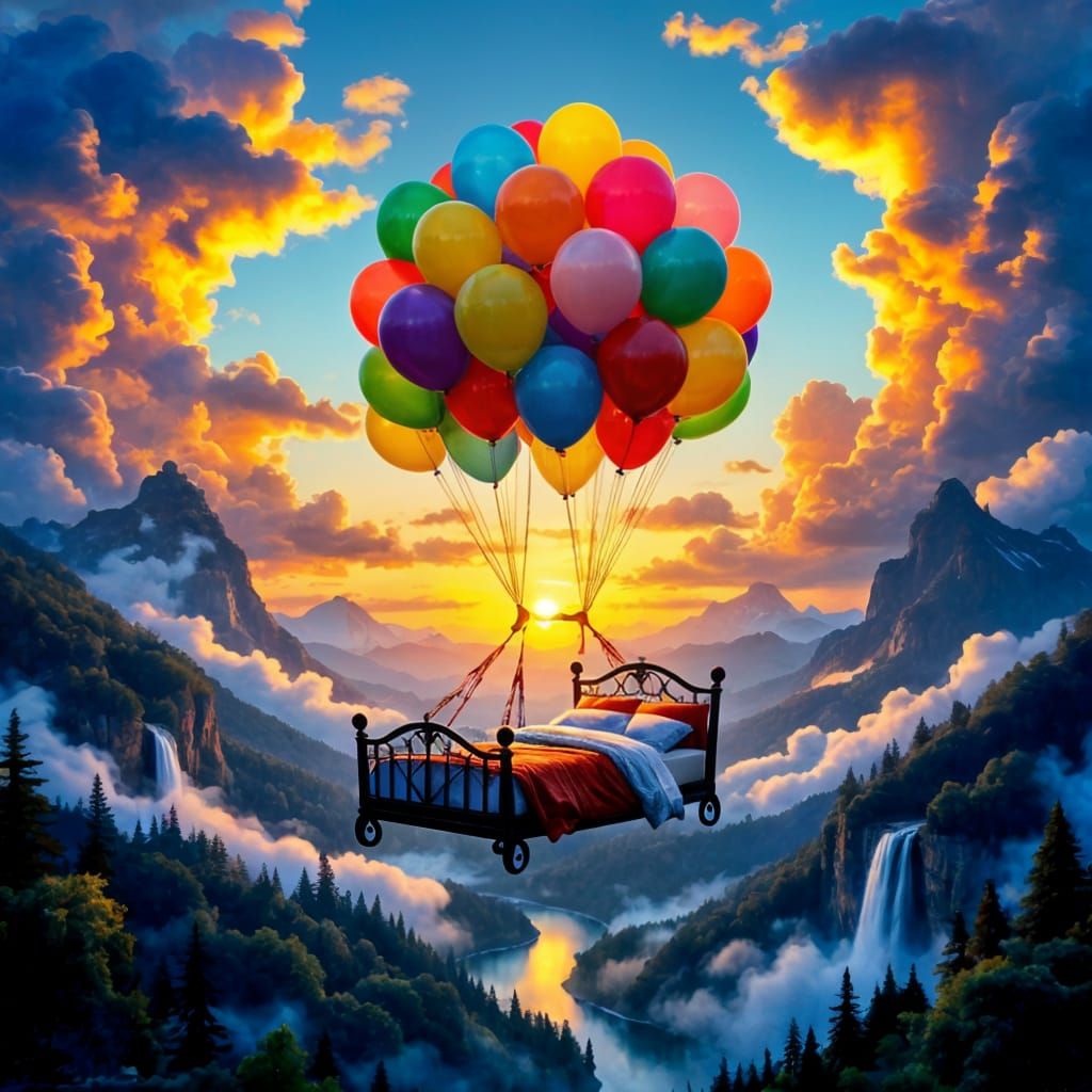 Dream Bed Carried by Balloons Over Enchanted Sundown Landsca...