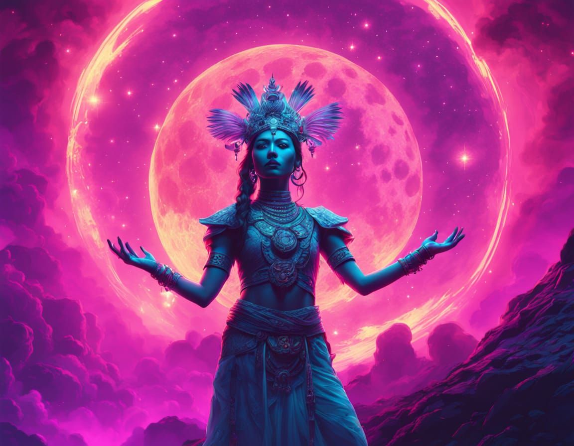 Golden Cosmic Dancer in Surreal Synthwave Landscape