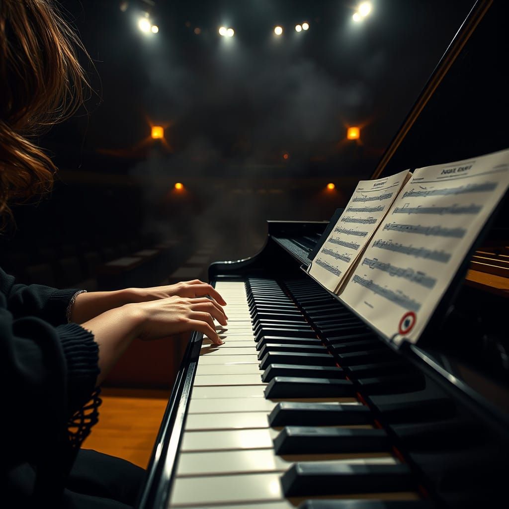 Hyperrealistic Piano Maestro in Atmospheric Concert Hall