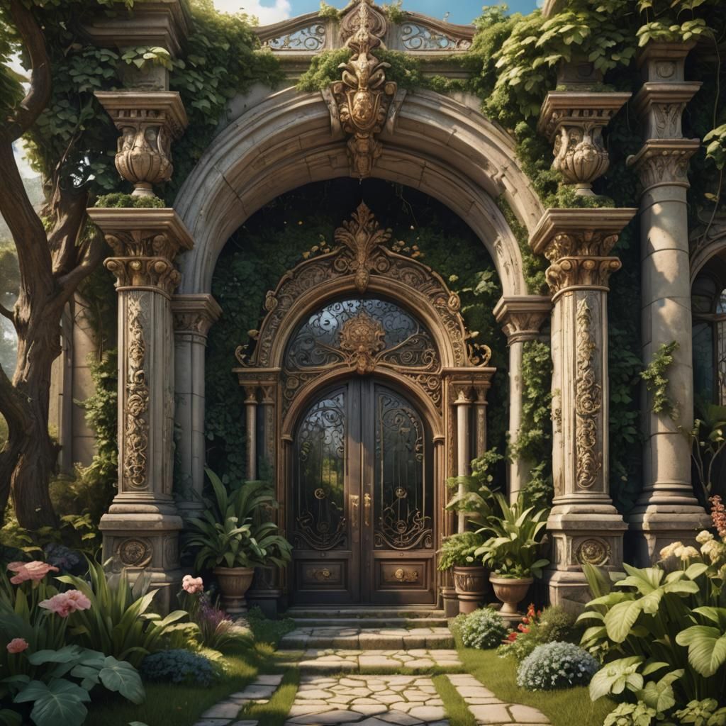 Ornate Garden Entrance: A Detailed Matte Painting