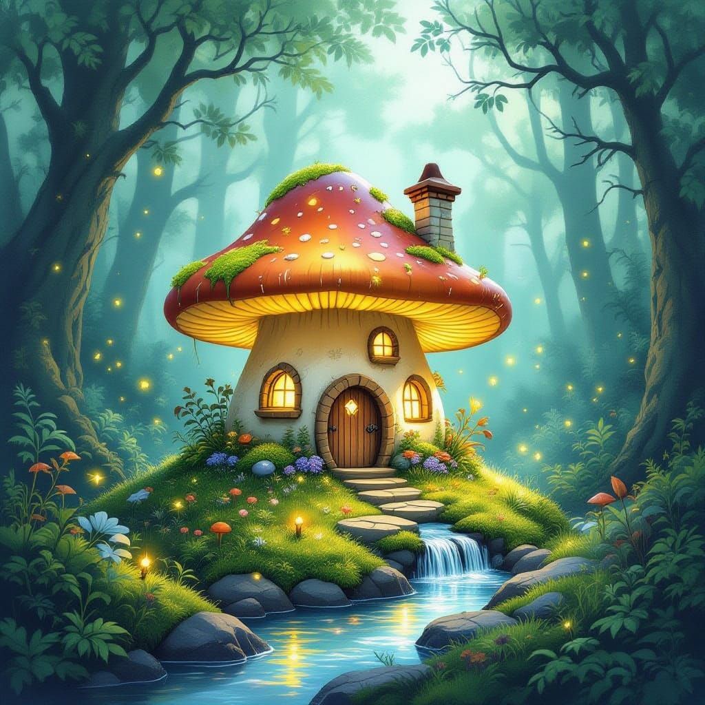 Enchanting Mushroom House in Ancient Forest Watercolor Illus...