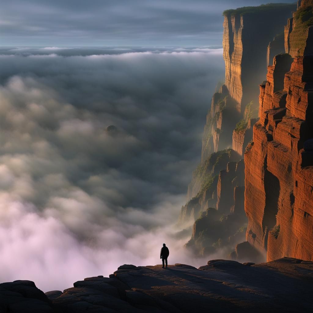 Misty Cliffside Figure in Cinematic Digital Art