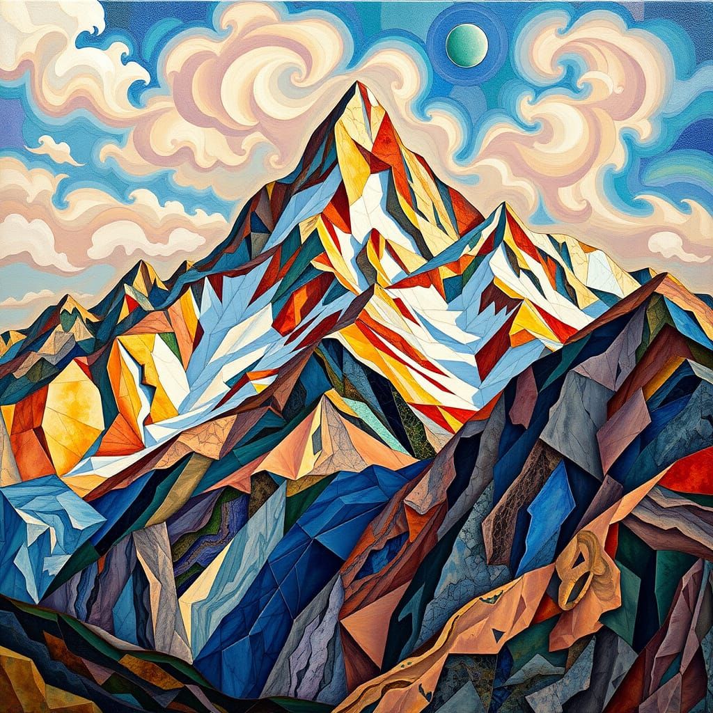Vibrant Mosaic Mountains in Surreal Cubist Style