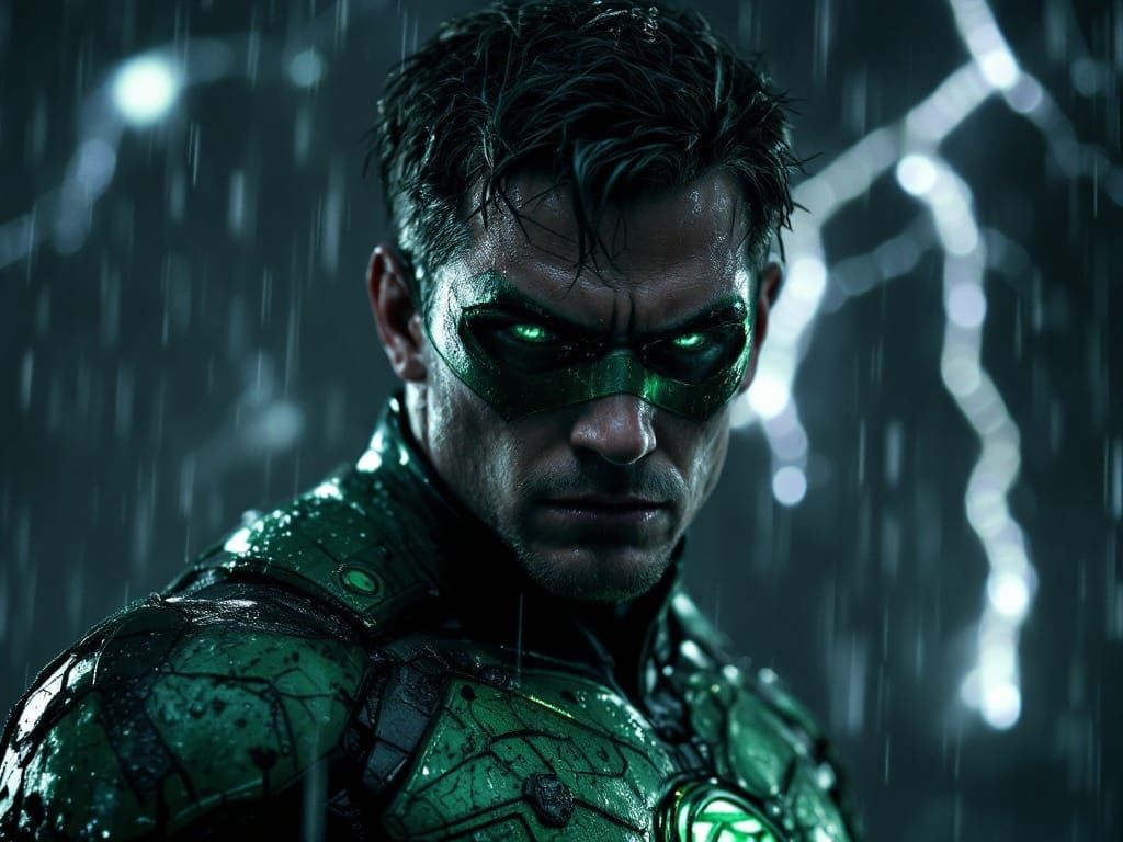 Vigilante in the Rain: Intricately Detailed Green Lantern Po...