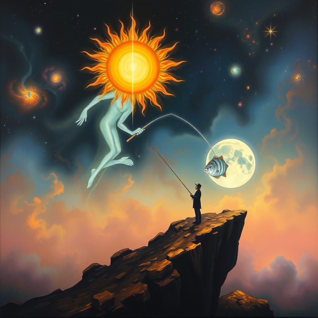 Surreal Cosmic Fisherman Sun Catches Moon Fish Painting