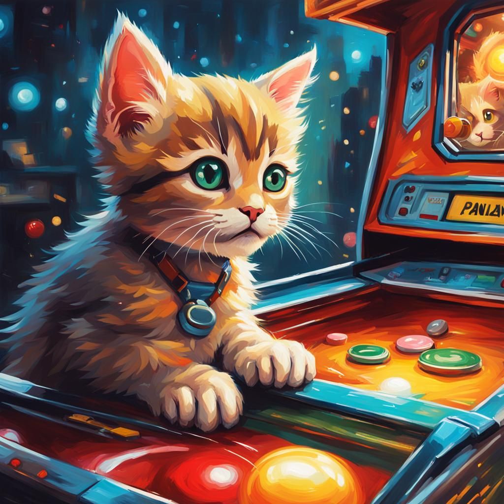 Kitten Plays Pinball in Hyperrealistic Oil Painting