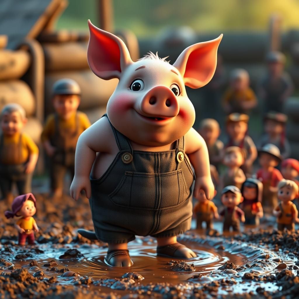 Cartoon Pig Farmer with Miniature People