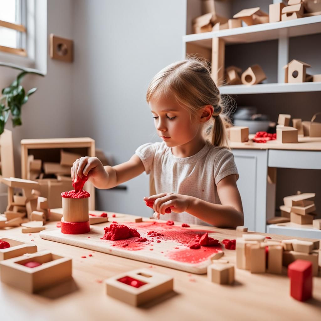 Blonde Girl Plays with Red Modeling Clay