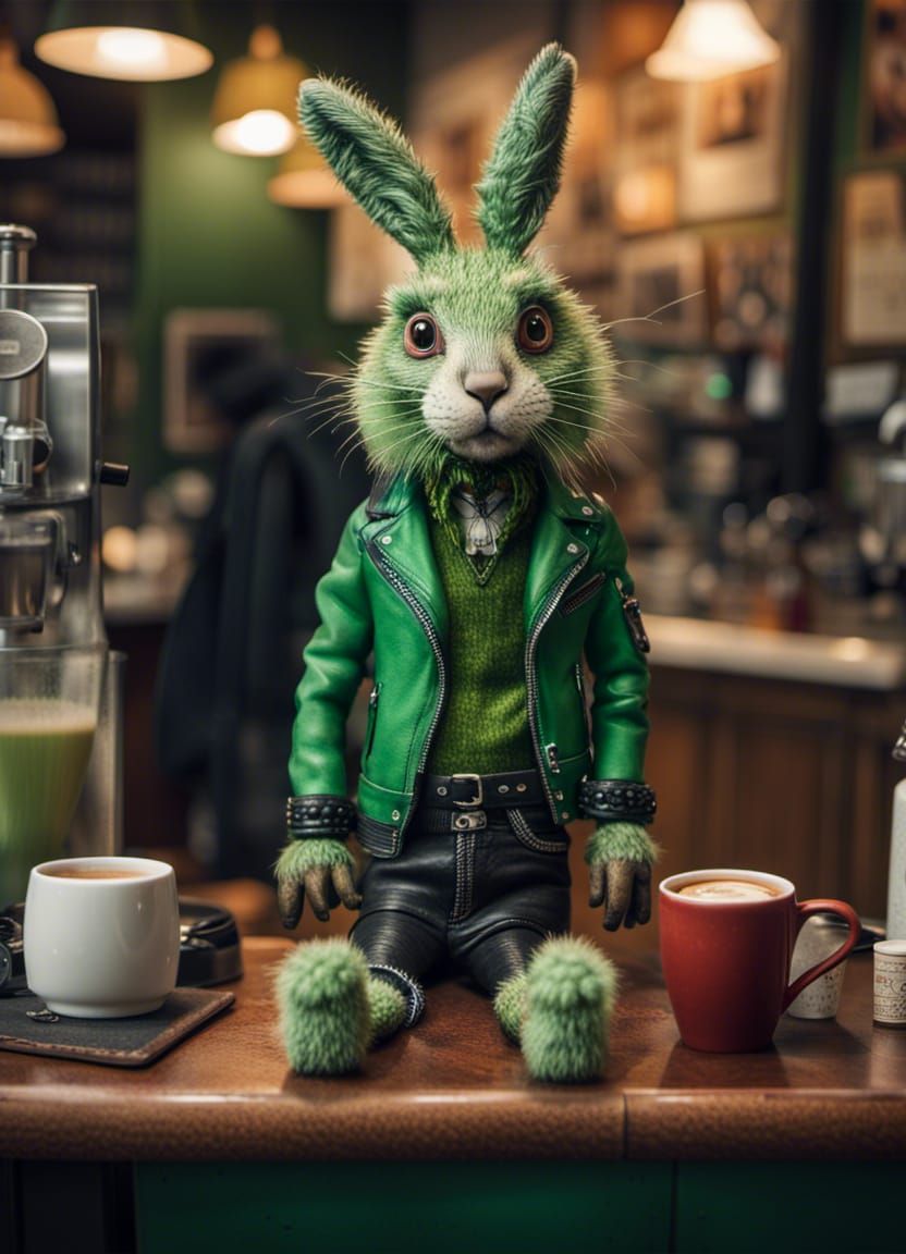 Fluffy green Punk Hare in the coffee bar