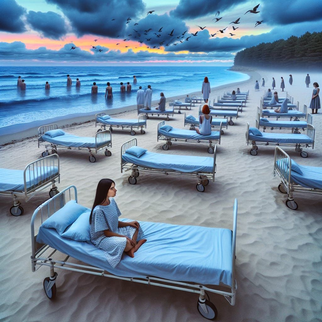 Surreal Beach Scene at Twilight with Hospital Beds