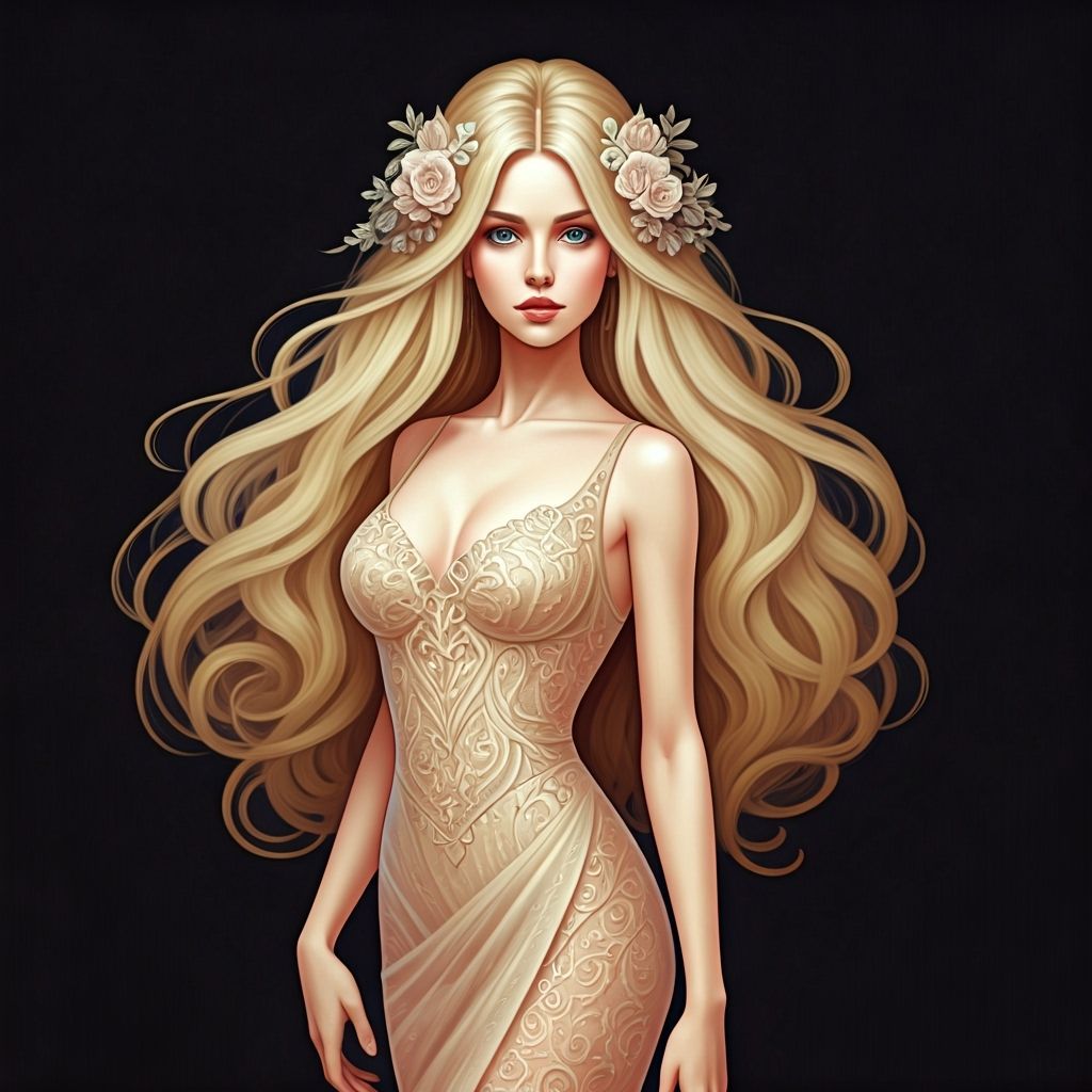 Elegant Woman in Lace Gown, Alphonse Mucha Style