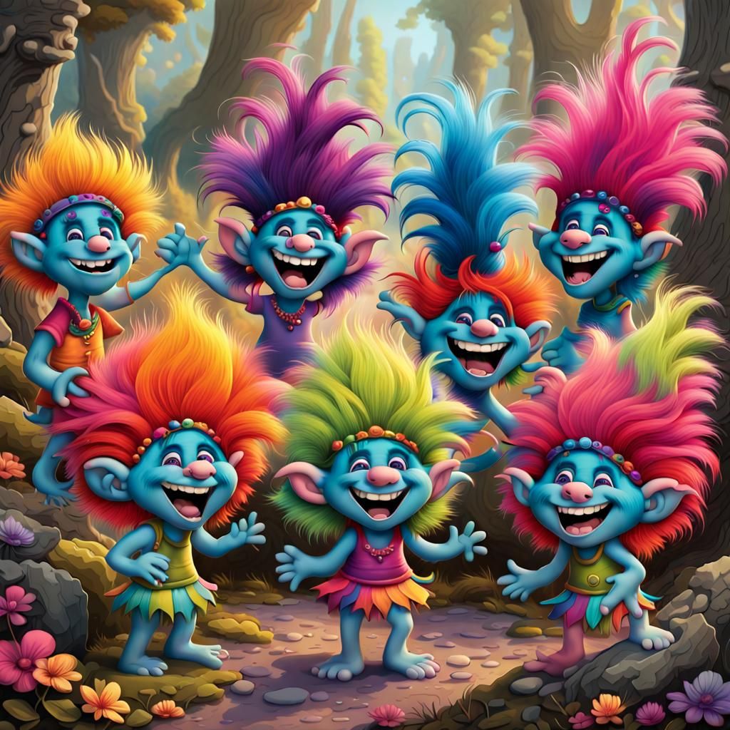 A colorful gathering of cartoon trolls,  joyously bursting i...