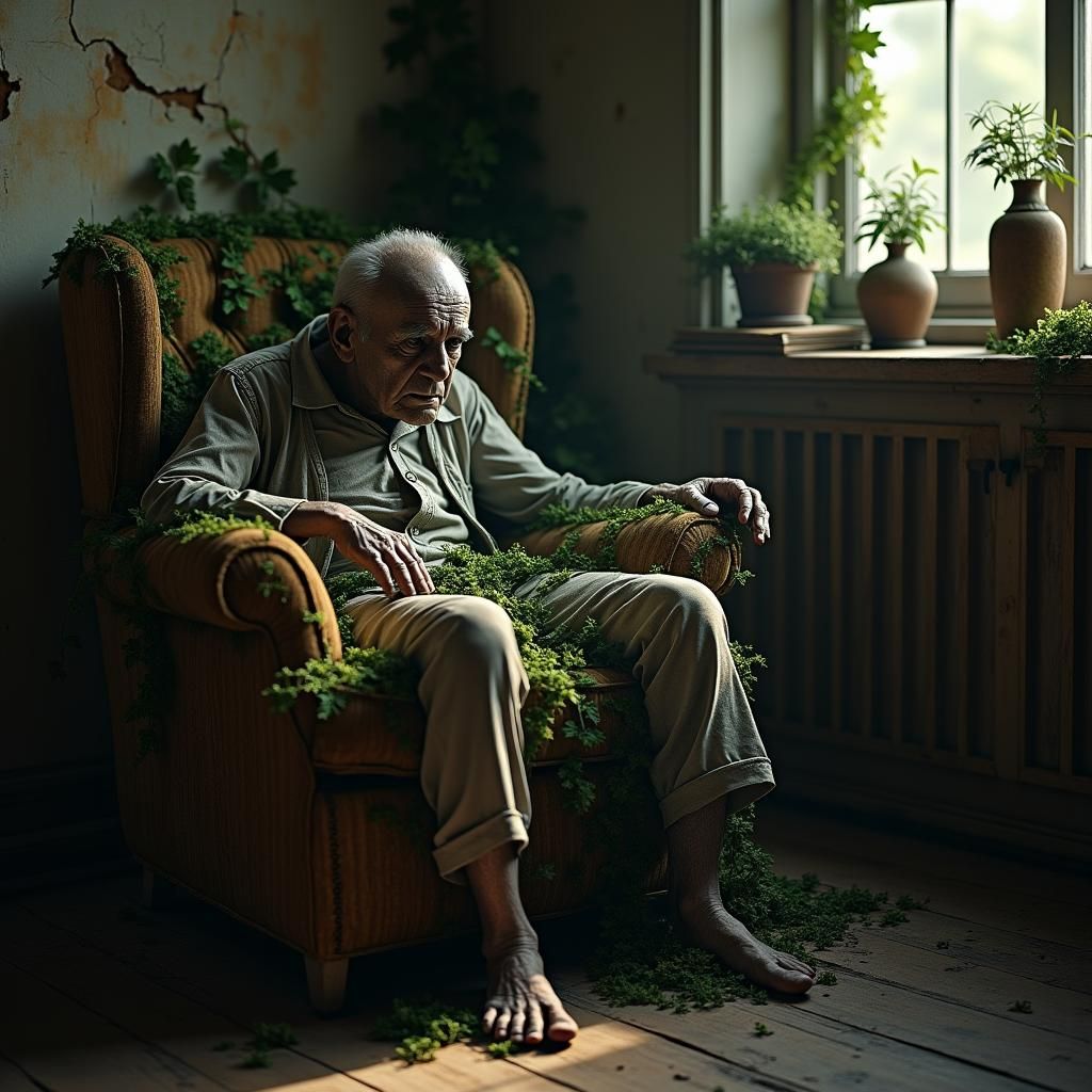 Melancholy of Time: Elderly Man Reclaimed by Nature