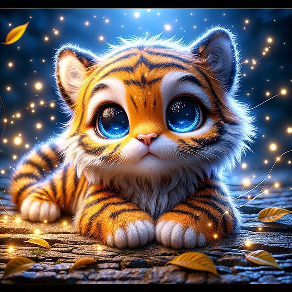 Orange Chibi Tiger with Blue Eyes in Night Scene