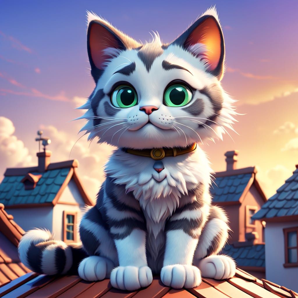 Charming Cartoon Cat Sits on Rooftop