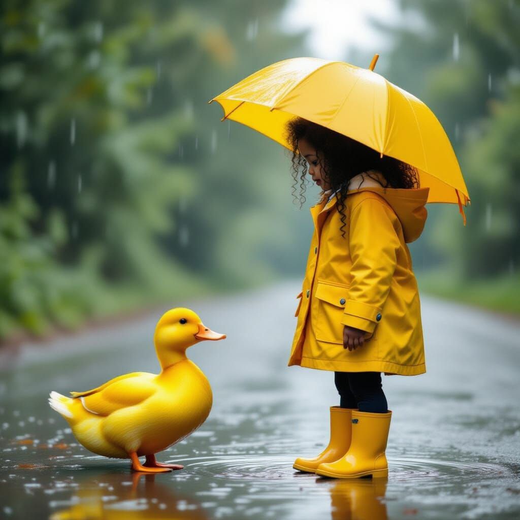 Child in Yellow Raincoat Observes Duck