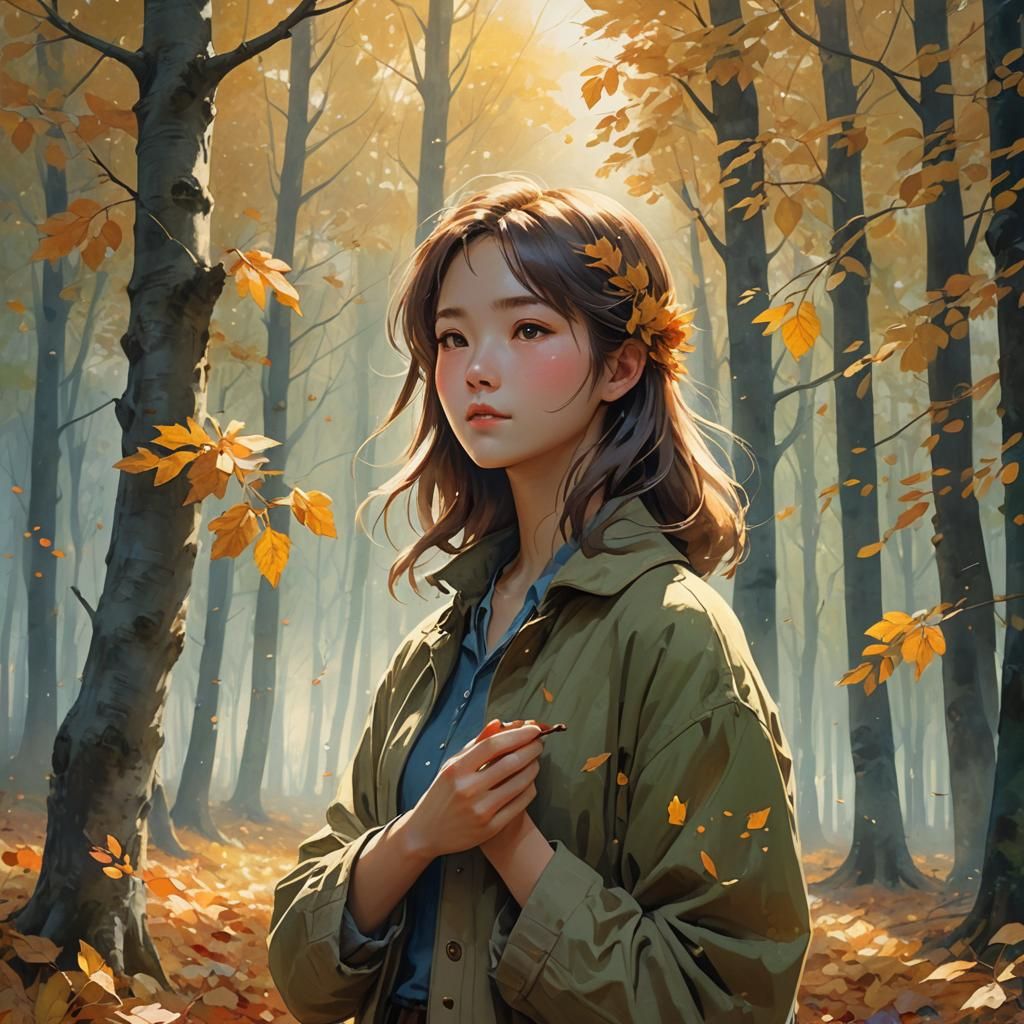 Young Woman Harvesting Apples in Autumn Forest