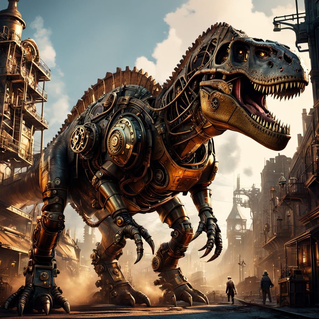 Steampunk Tyrannosaurus Rex in Brass Armor