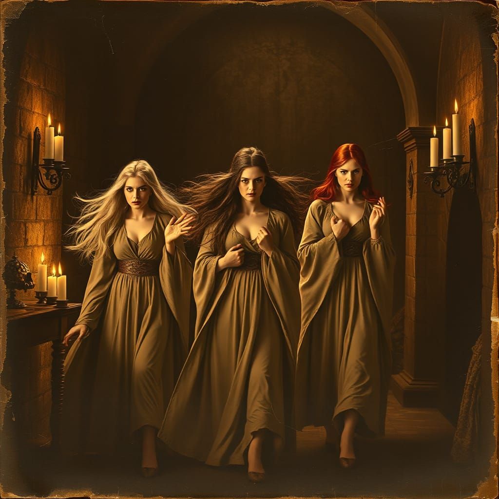 Vintage Sepia Photograph: Vampire Women in Castle