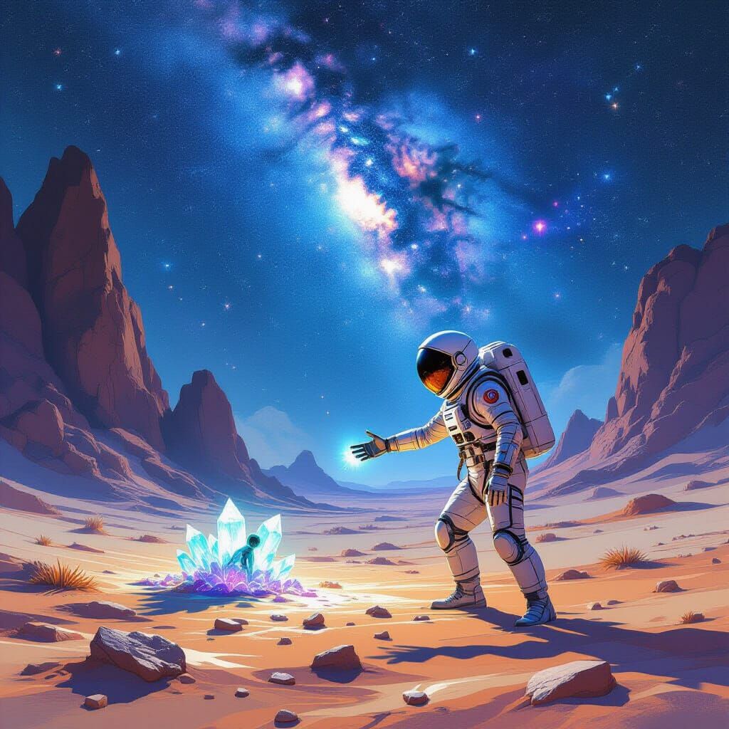 Astronaut Meets Alien Creature on Nebula Planet